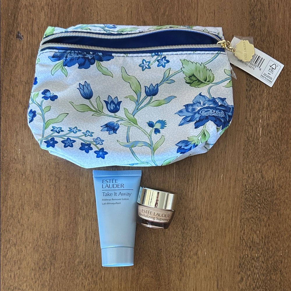 NEW Estee Lauder Blue Floral Cosmetic Bag with Skincare Duo